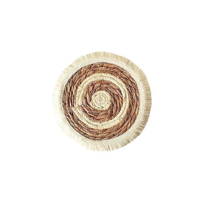 Round Japanese-style papyrus placemat with decorative tassels in natural colour