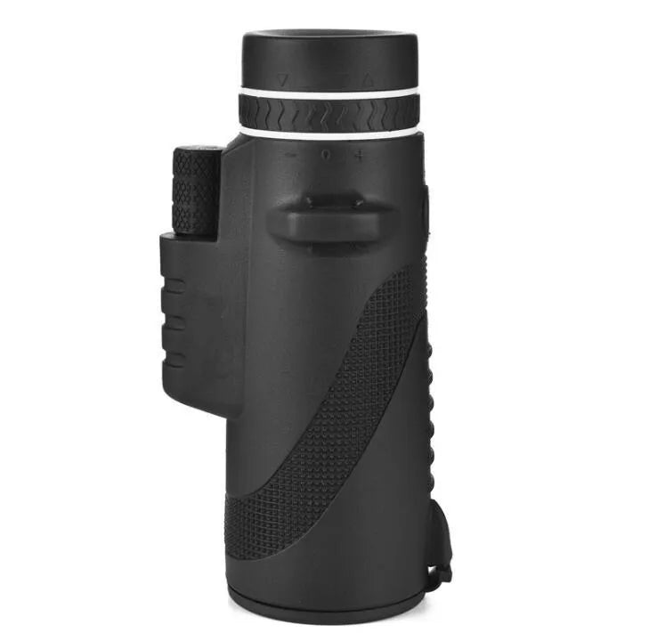Black 40x60 smartphone monocular telescope with mounting adapter on a phone for HD observation.