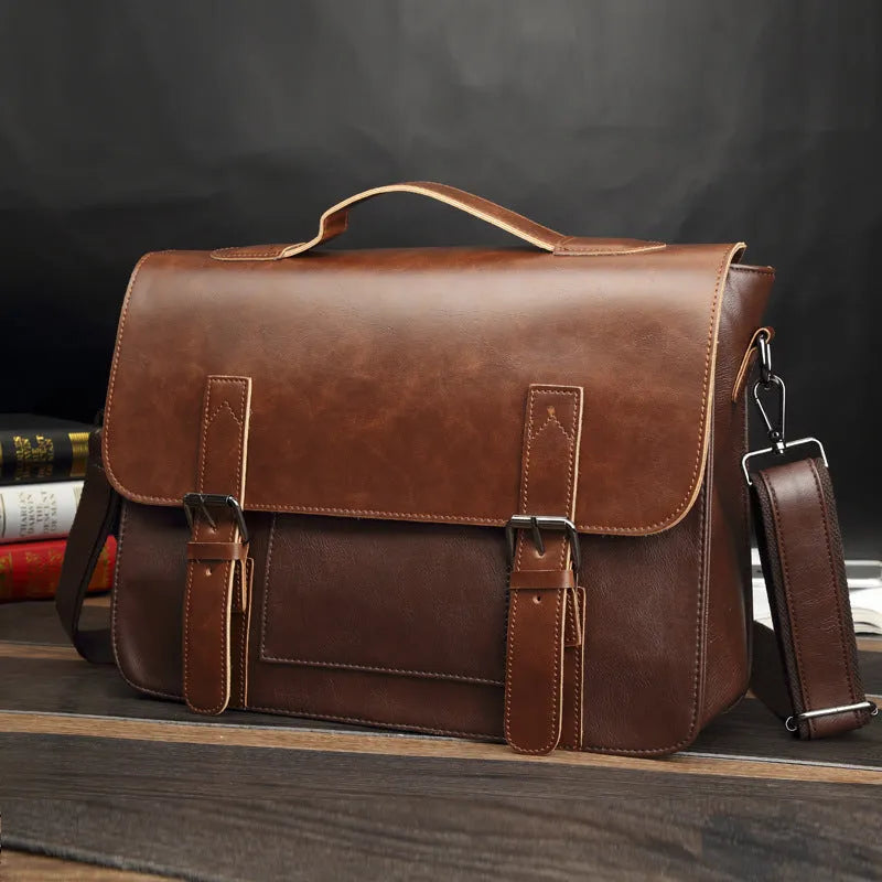 Men's casual shoulder bag in black PU leather, horizontal square shape, 36x29x11cm, with cover-style opening