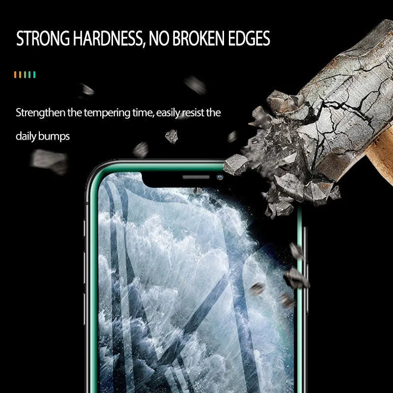 Luminous full cover tempered glass screen protector glowing for iPhone on a dark background.