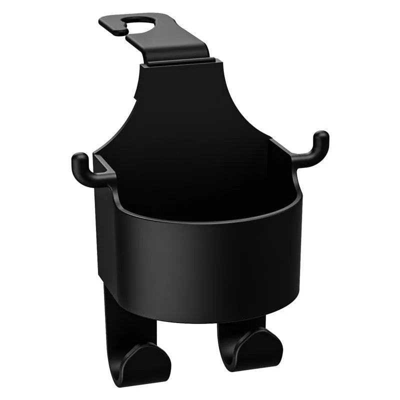 Black plastic car seat back hook with cup holder and hanging hooks for in-car organisation.