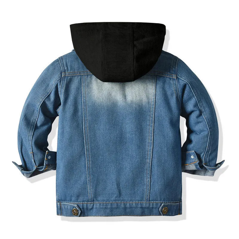 Children's grey hooded denim jacket with lapel collar and loose fit design