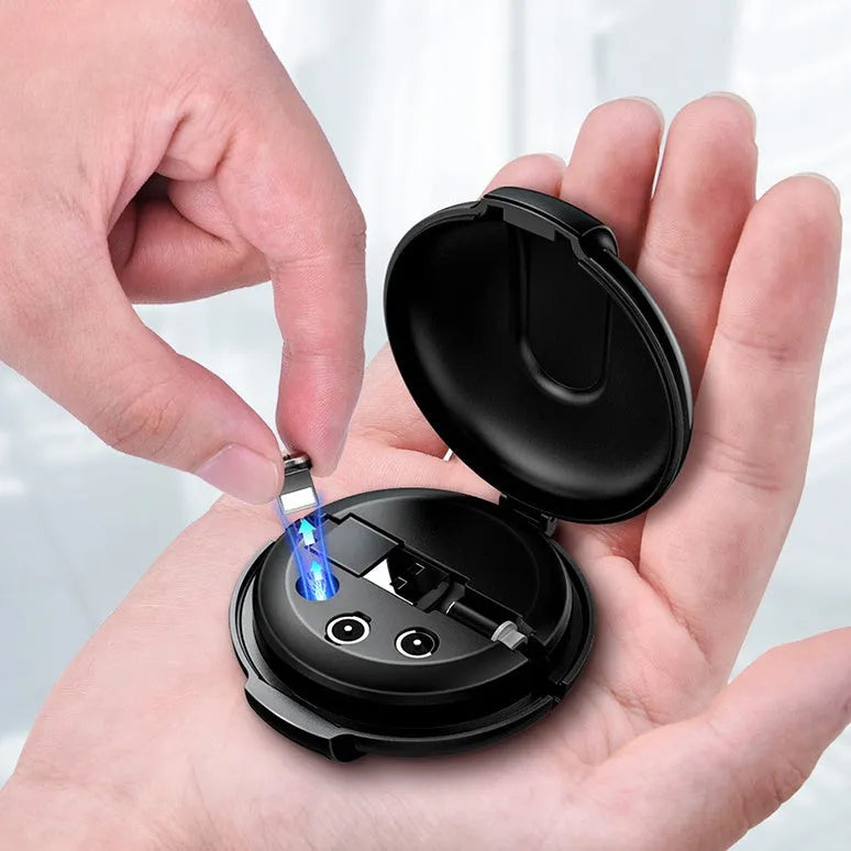 Black magnetic 3-in-1 car phone holder and portable charger with retractable cable on a car dashboard.
