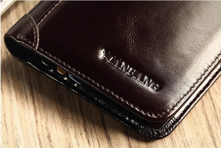 Men's leather wallet showing multiple internal compartments including photo slot and card holders