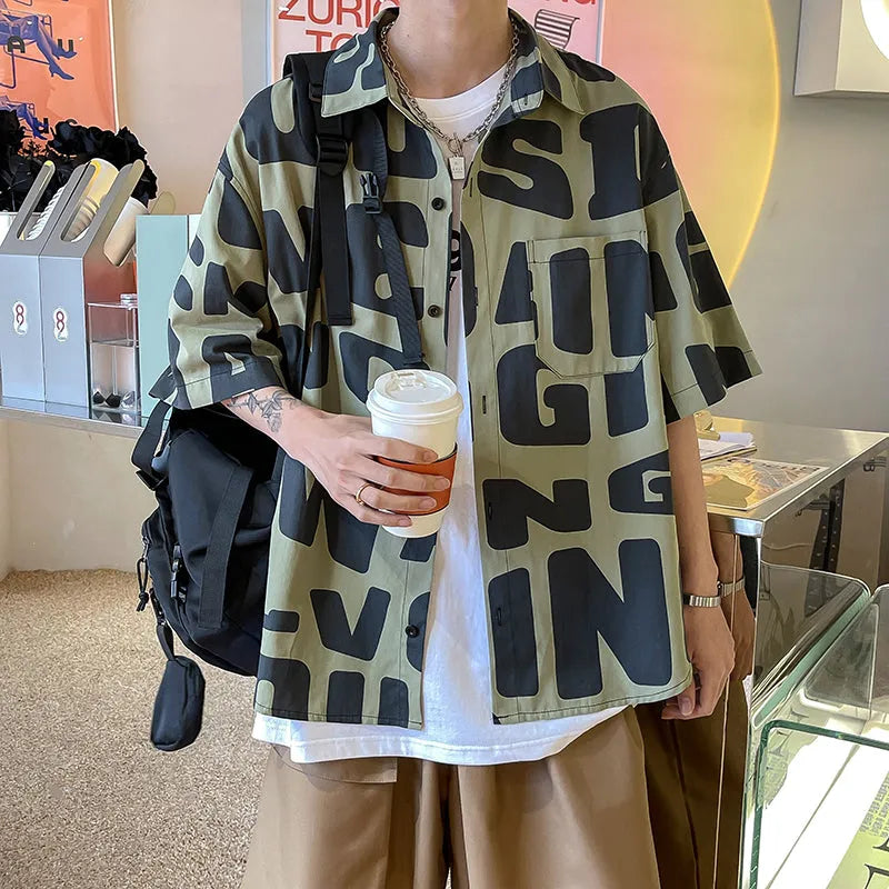 Men's cotton blend hip hop short sleeve shirt in loose fit summer style, Army Green colour