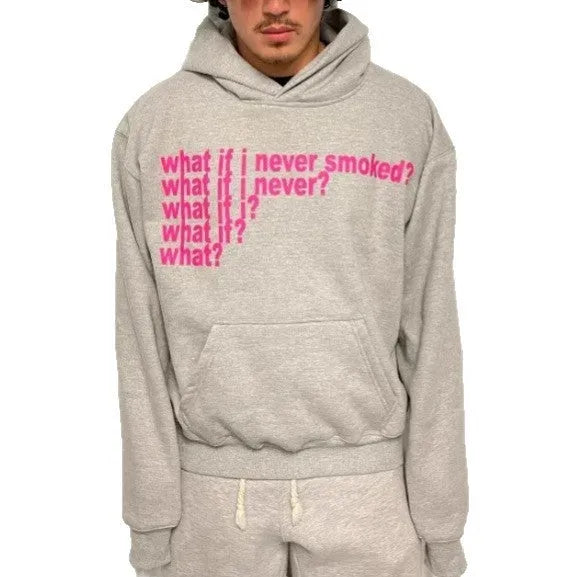 Black heavy hooded sweater with white letter and figure print on the front.