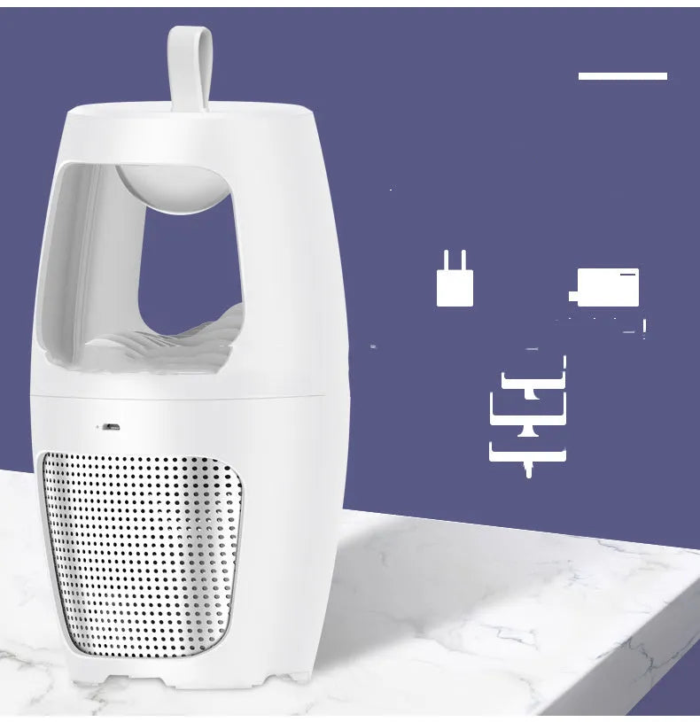 Indoor mosquito killer lamp in black or white with USB charging port and compact 115mm design