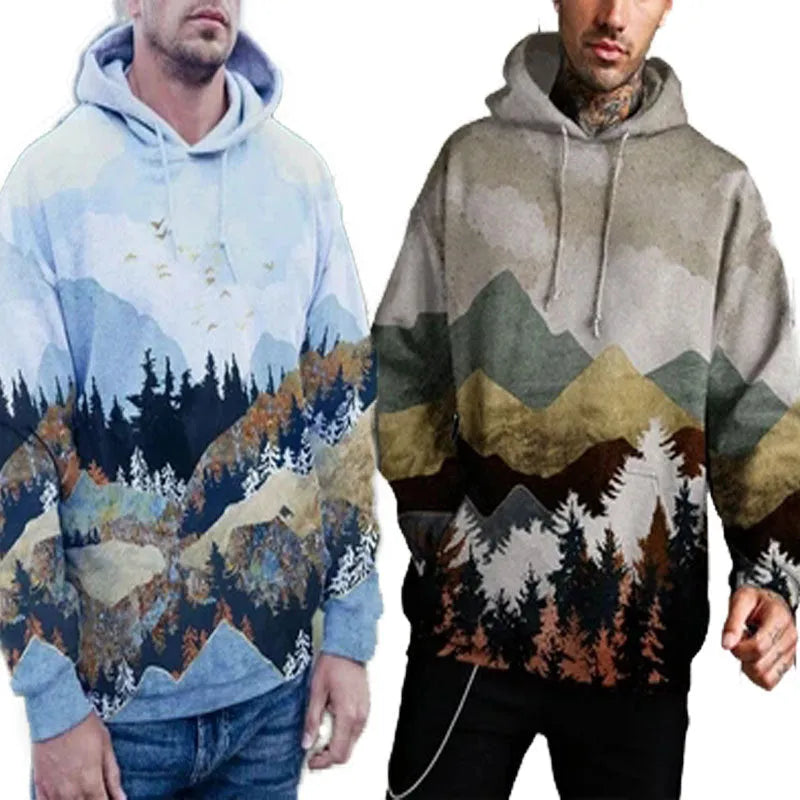 Men's printed polyester fleece hoodie in grey or light blue, Asian sizes S-XXL, casual leisure wear