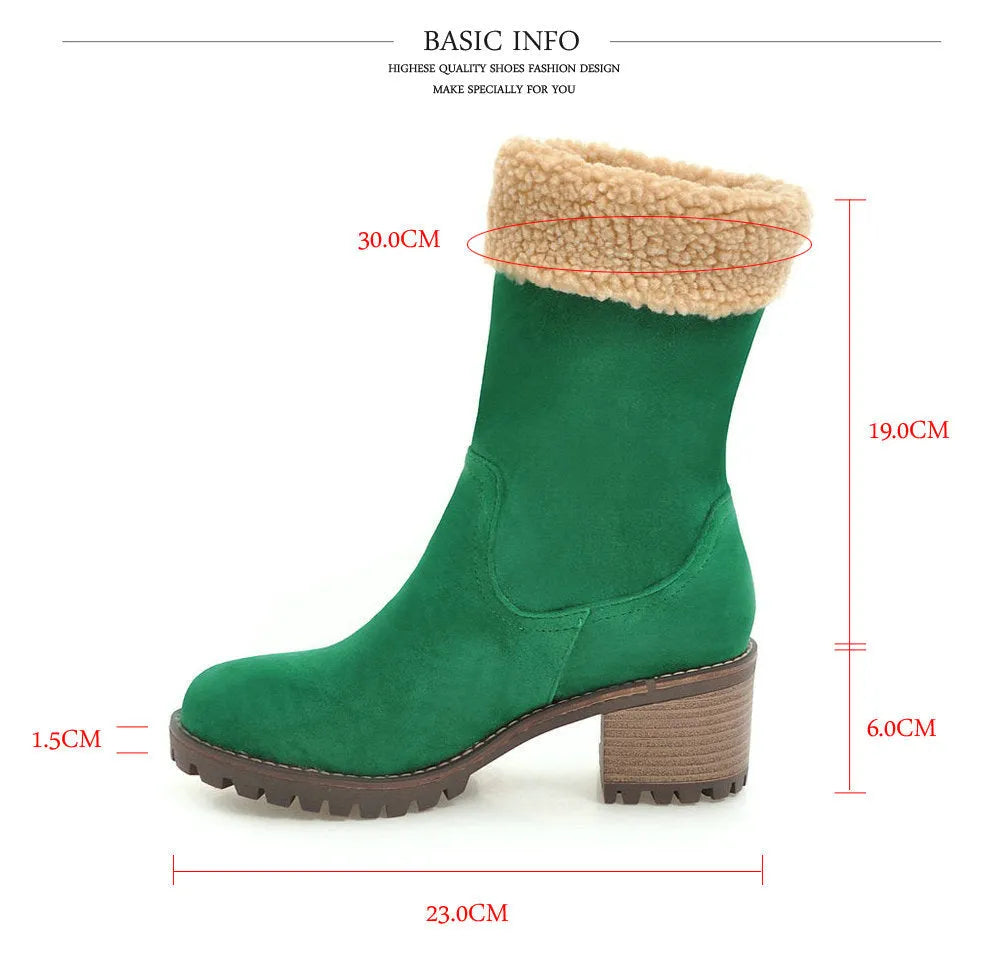 Snow boots with rubber sole and plush lining in black, grey, green, or orange colours