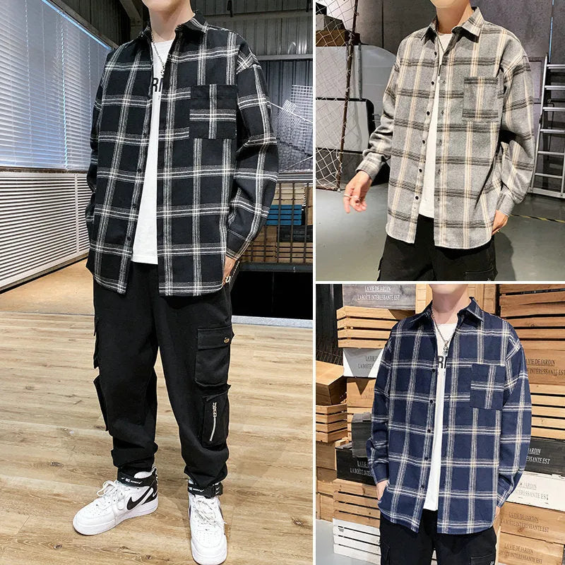 Men's long sleeve plaid shirt in loose fit, polyester blend, shown in black, grey, and navy blue
