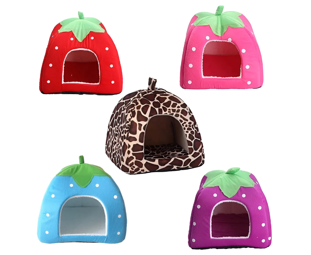 Cotton pet house cube nest with removable washable cover, hand-stitched strip, low railing, available in five sizes.