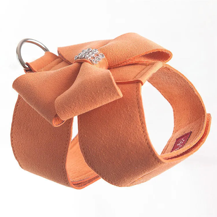 Cute fashion bowknot puppy chest strap harness in microfiber material showing colour options