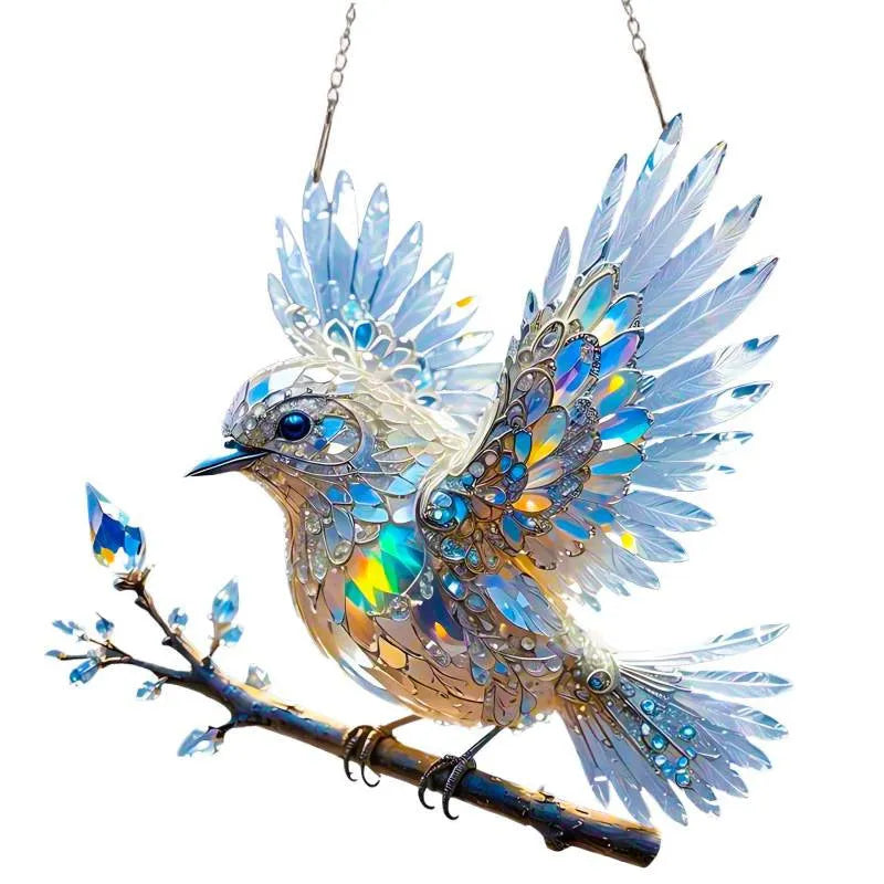 UV printed acrylic bird pendant decoration with cartoon design on reinforced cardboard backing