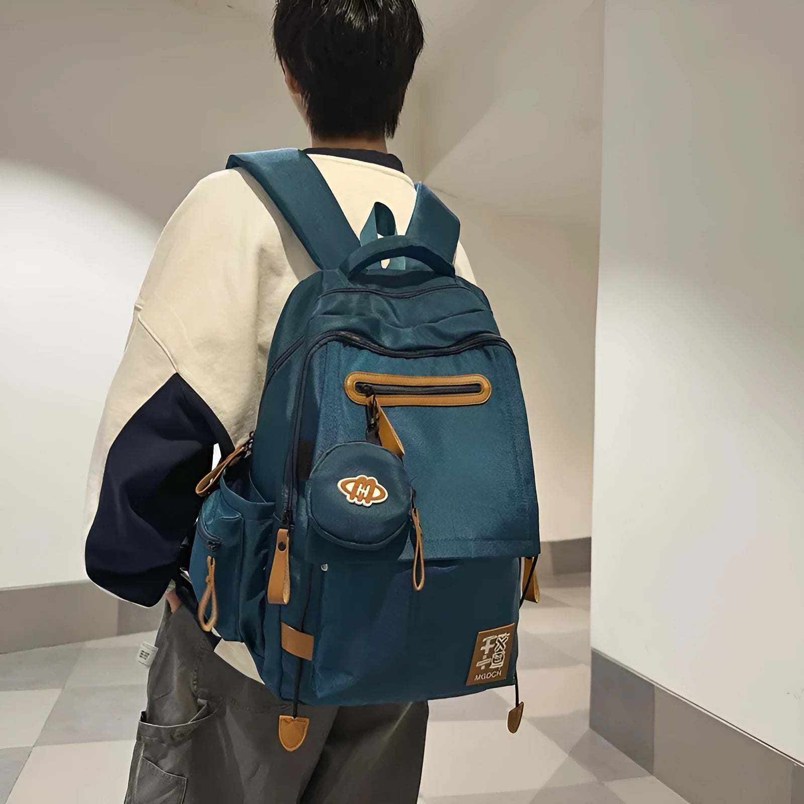 Large-capacity nylon school backpack for middle school students with curved shoulder straps in multiple colour options