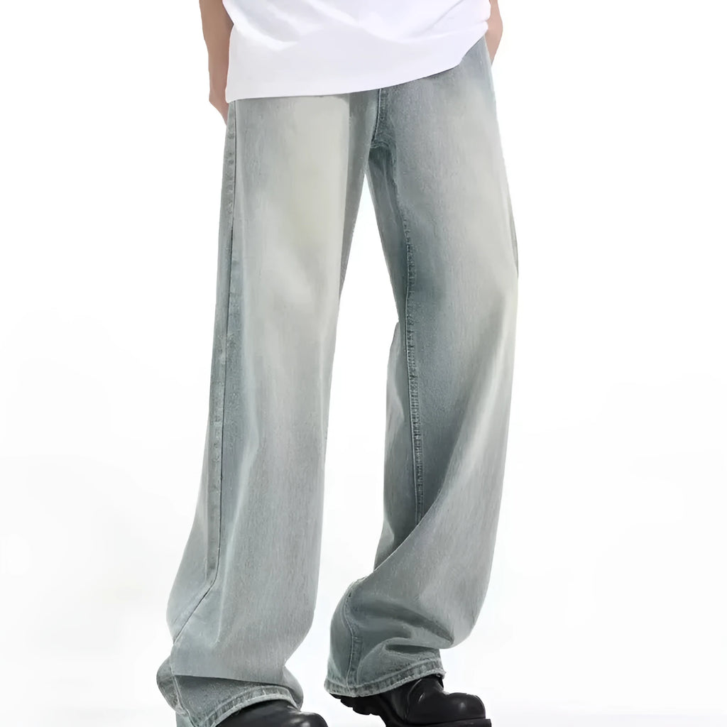 Blue loose-fit retro casual trousers made from high-elasticity rabbit fur fabric on a size chart.