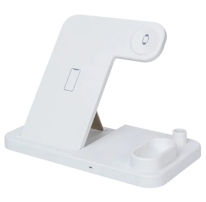 4-in-1 wireless charging station with phone, Apple Watch, and AirPods on adjustable magnetic stand