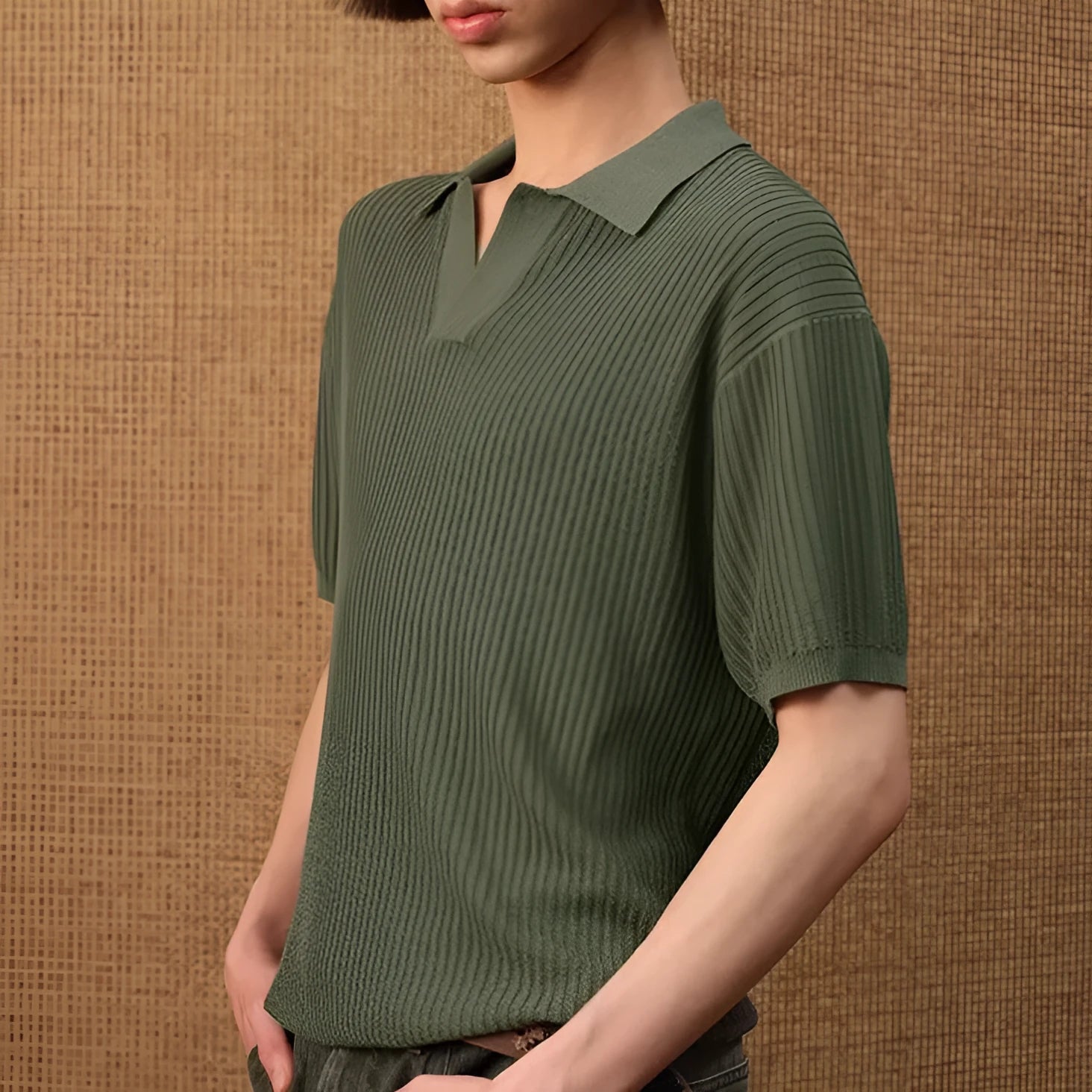 Men's loose thin ice silk polo shirt with business casual stripes in creamy white