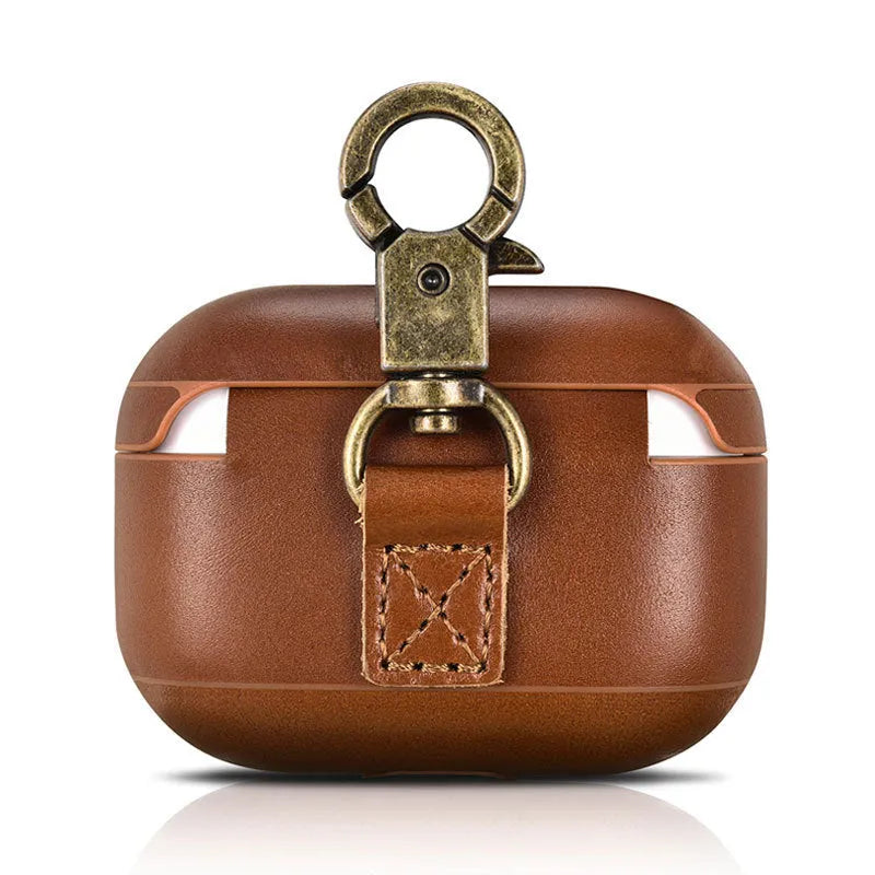 Brown leather and plastic flip protective sleeve for AirPods Pro with ring buckle