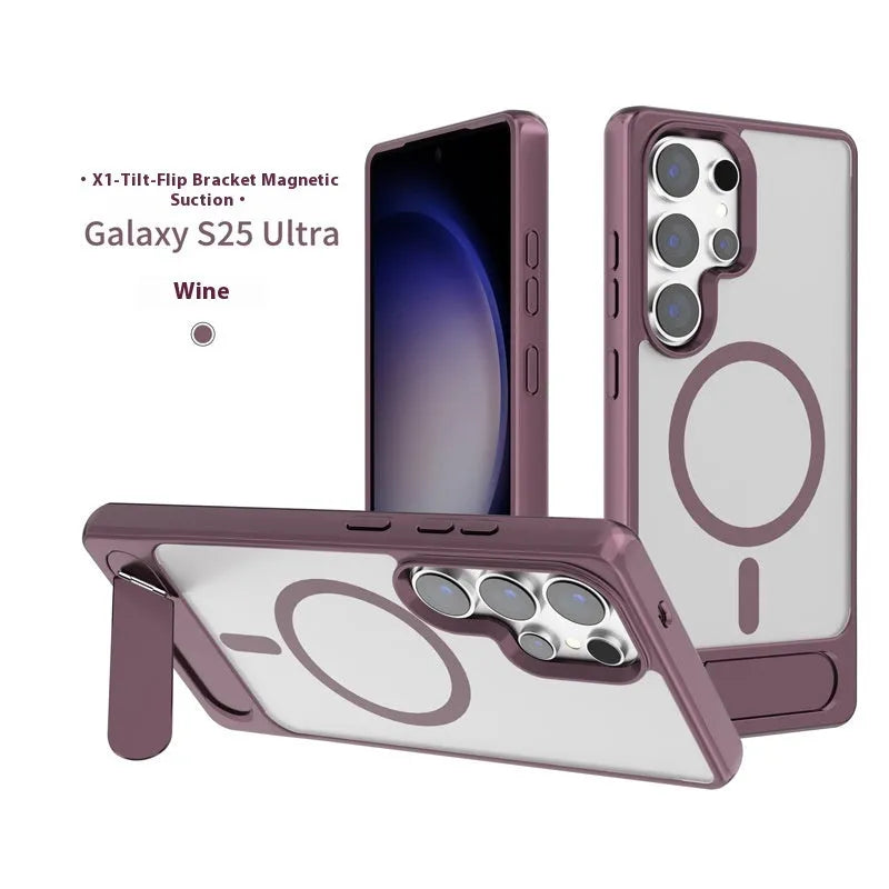 Magnetic suction phone case for Samsung S25 Ultra with oblique turning bracket in black frosted finish