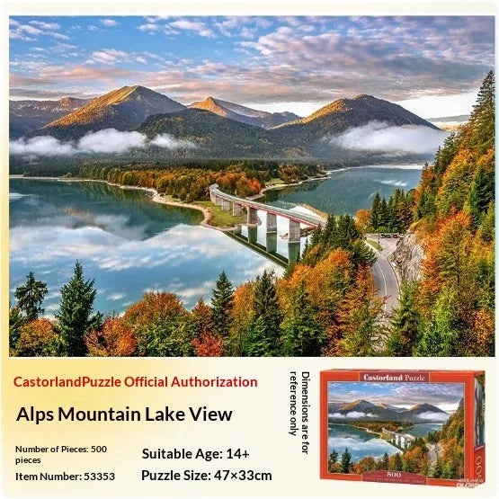 Castorland jigsaw puzzle box with landscape scene of a riverside mill, 500 pieces, made in Europe