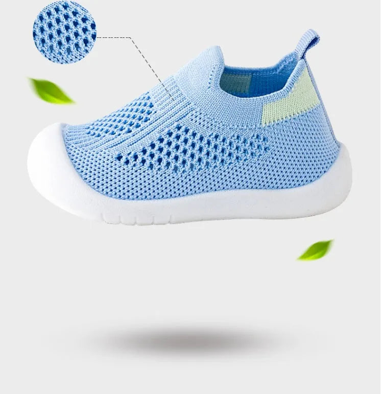 Baby soft sole non-slip walking shoes in fly woven cotton and natural rubber, available in multiple colours and sizes 11.5-15.5cm