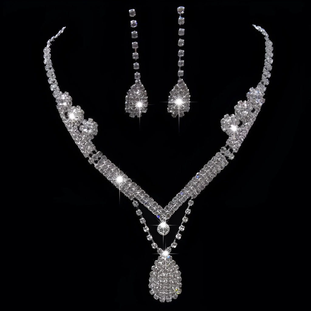 Water drop rhinestone bridal necklace and earrings set on silver tone base for weddings and formal events