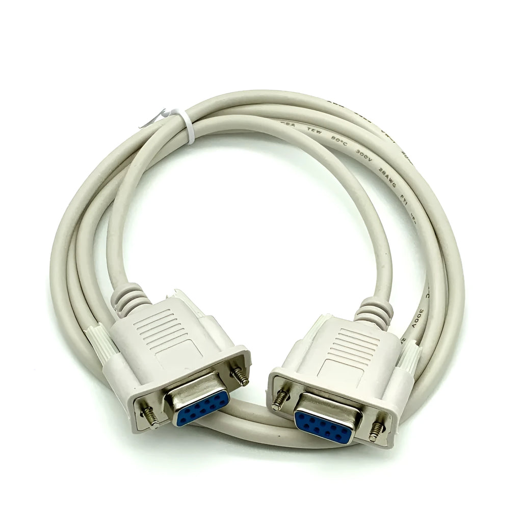 Close-up of a milky white RS232 serial cable with two female DB9 connectors.