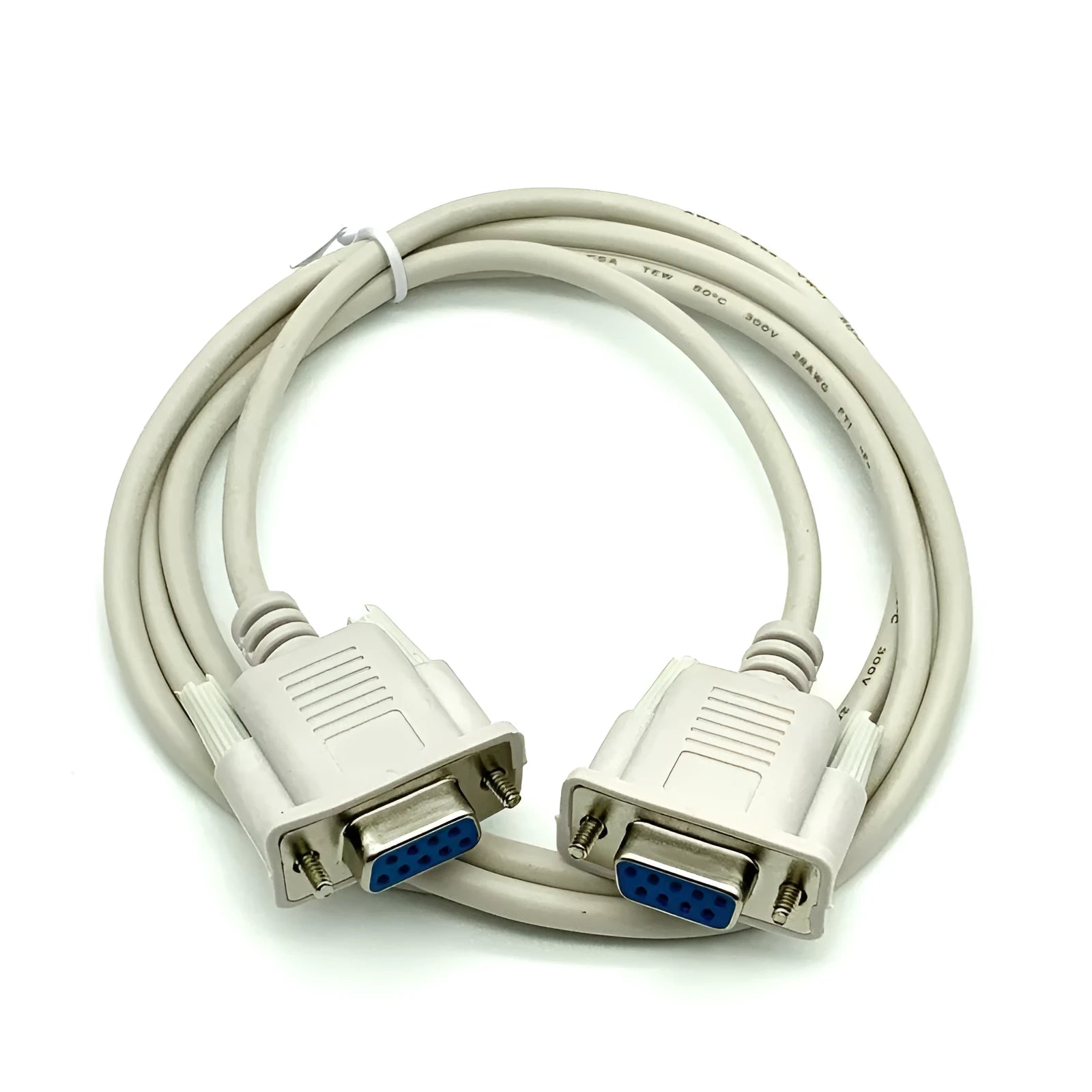 Close-up of a milky white RS232 serial cable with two female DB9 connectors.