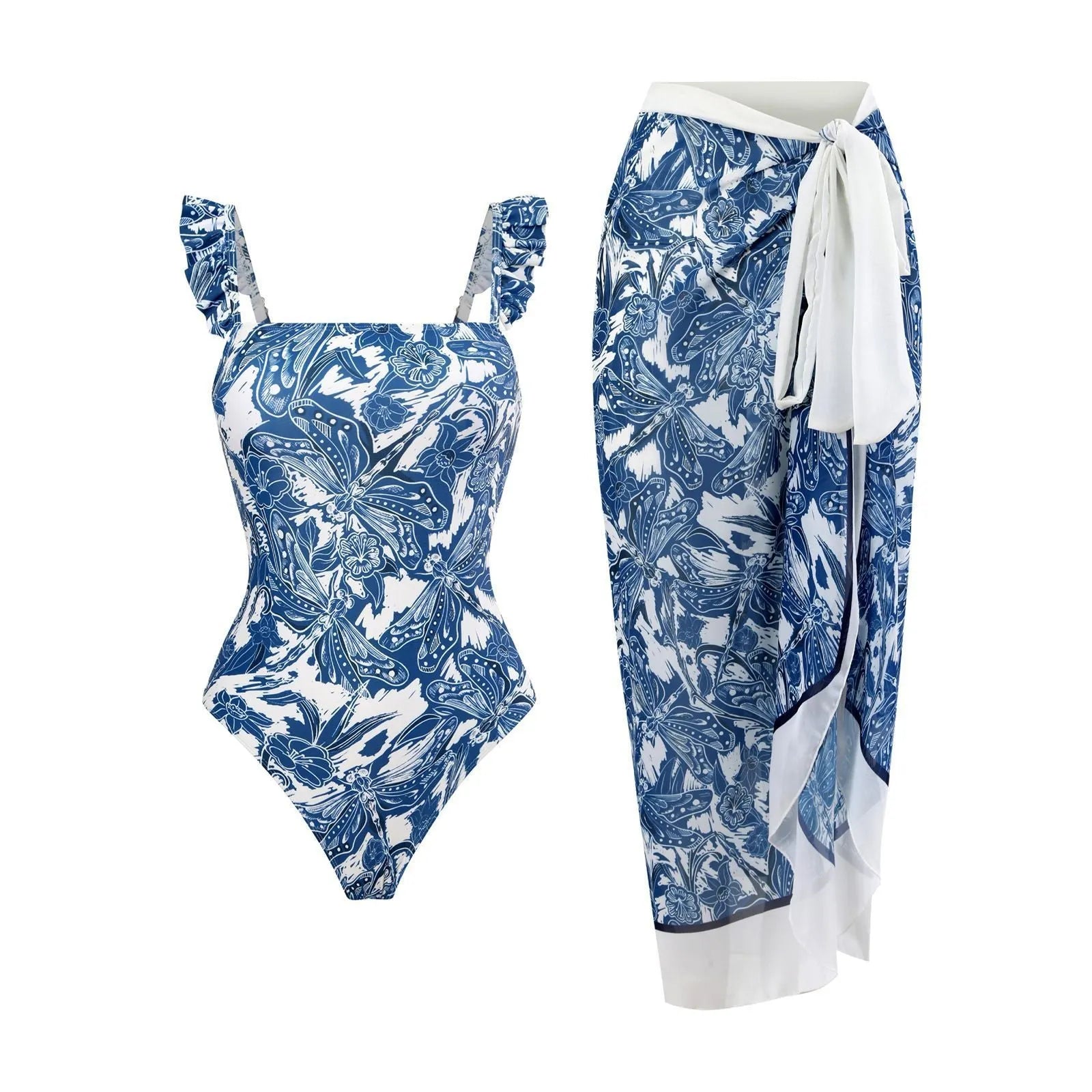 Women's French printed two piece polyester swimsuit set in multicolour, sleeveless, sizes S-XL