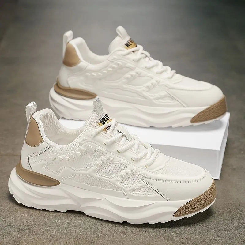 Men's breathable mesh trainers in solid white or black with round toe and PU upper for casual leisure wear