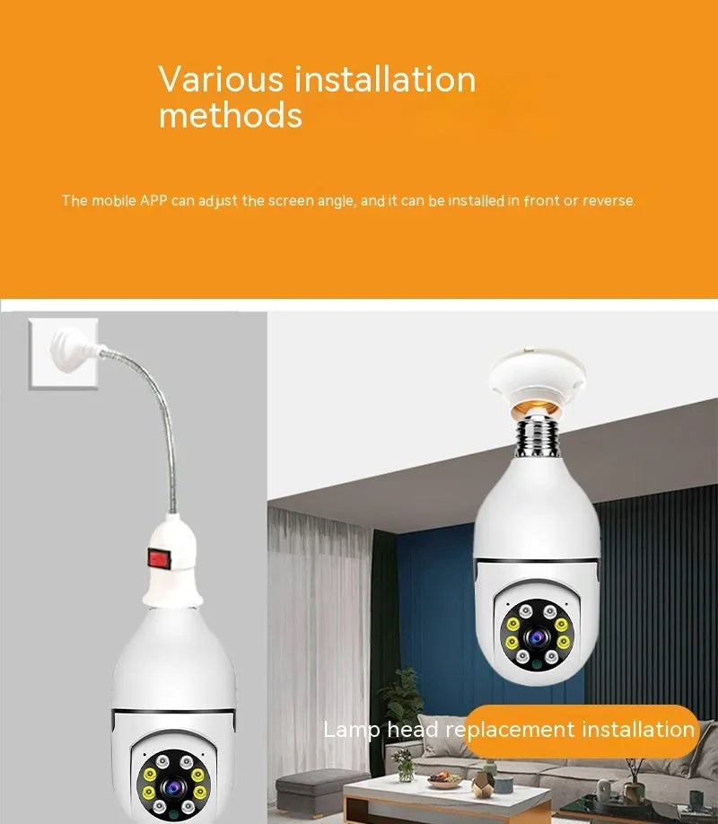 Wireless bulb security camera with 1080p resolution and full colour night vision for indoor outdoor use
