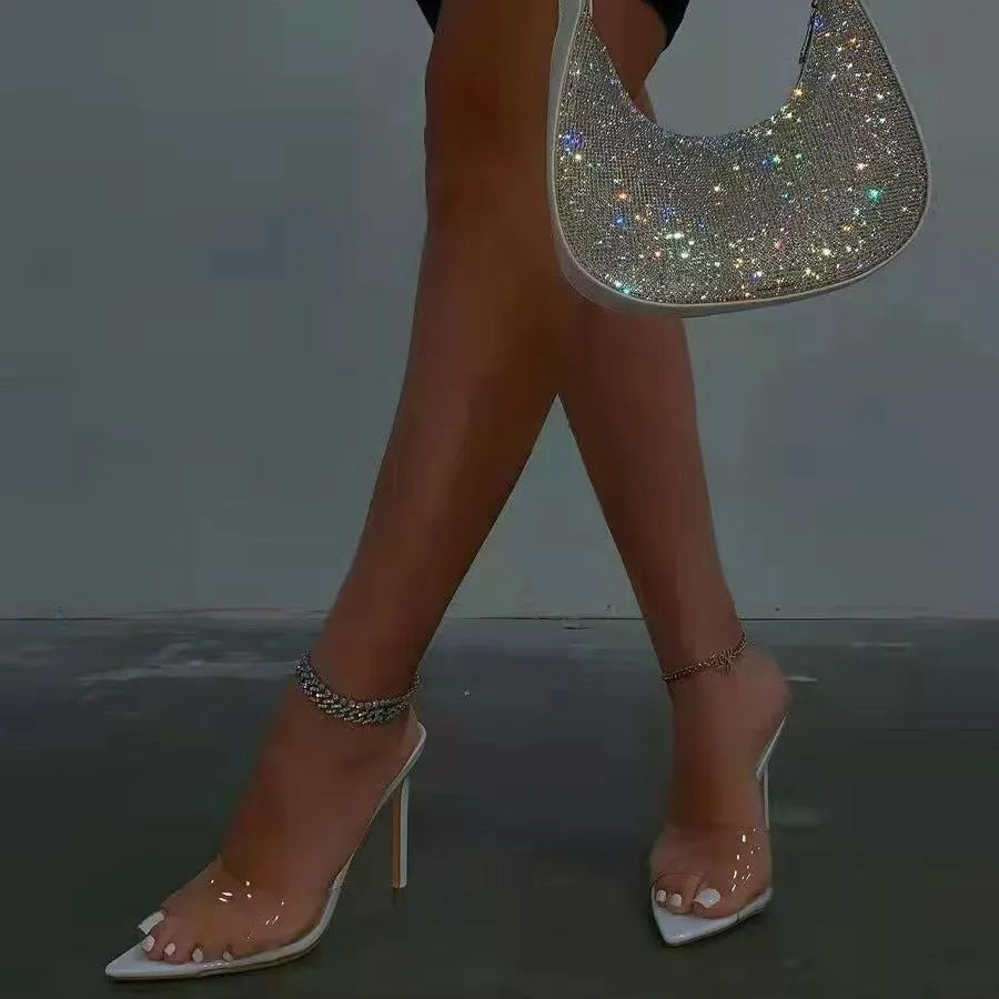 Women's ultra-high vamp stiletto heel slippers in pointed toe design showing colour options