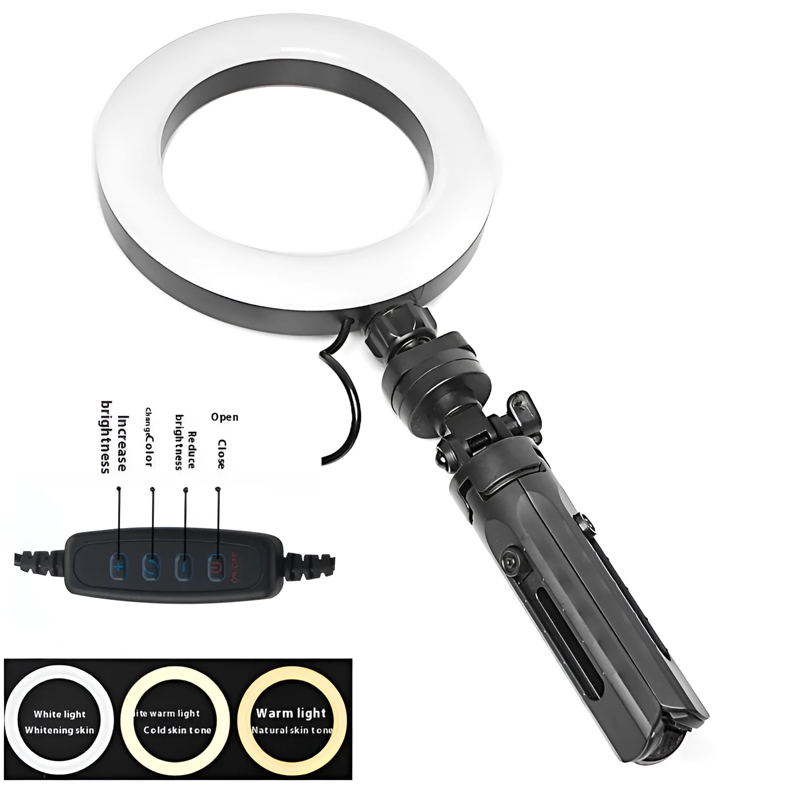 Black neutral style mobile phone live streaming bracket with adjustable colour fill light on a desktop tripod.