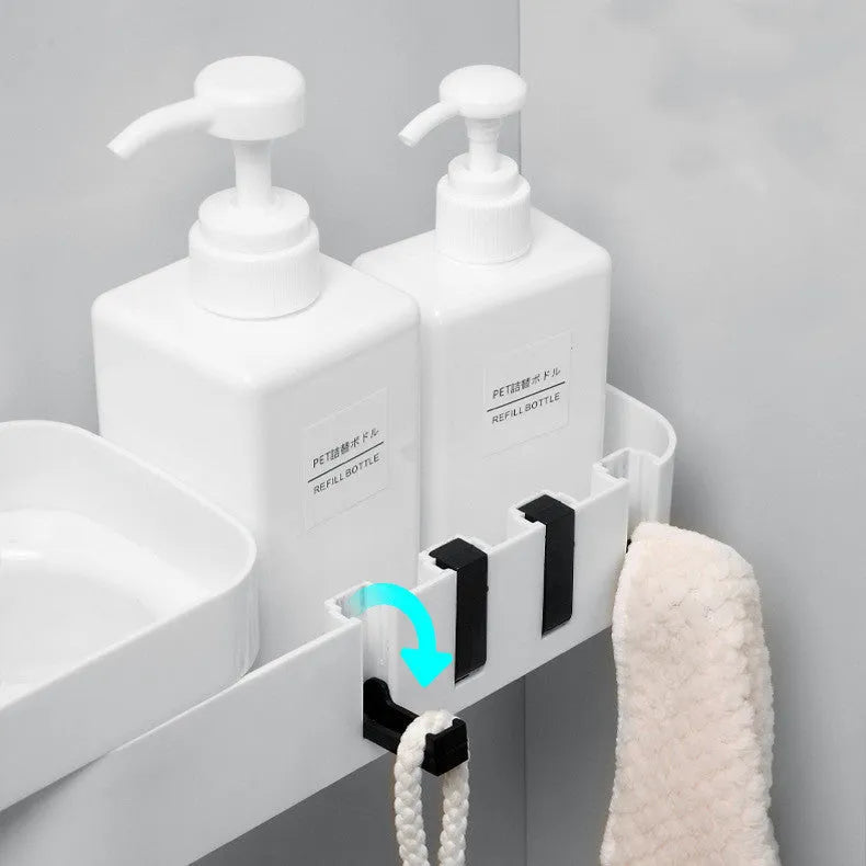 Plastic bathroom corner shelf in black and white colour, adhesive wall mounted in shower corner holding shampoo bottles