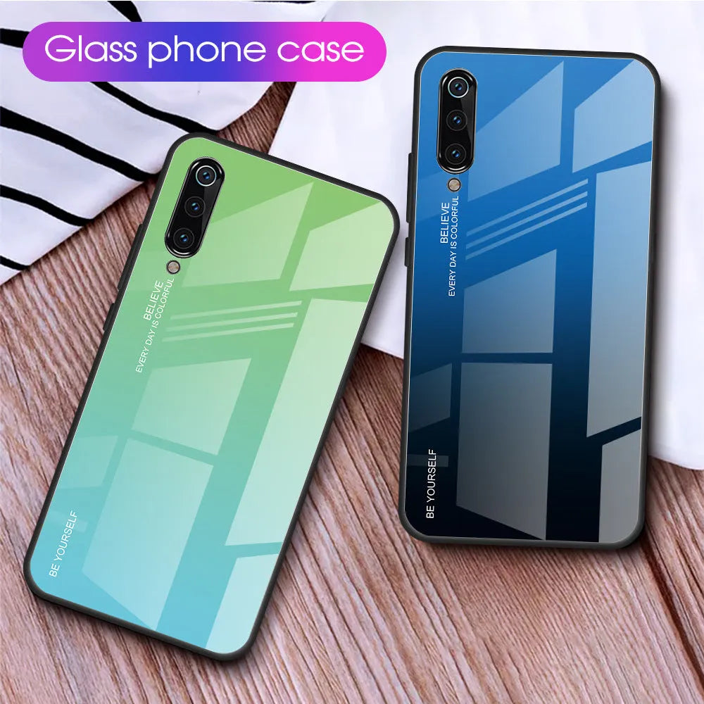 Gradient colour phone case with tempered glass back for Redmi smartphones showing colour transition