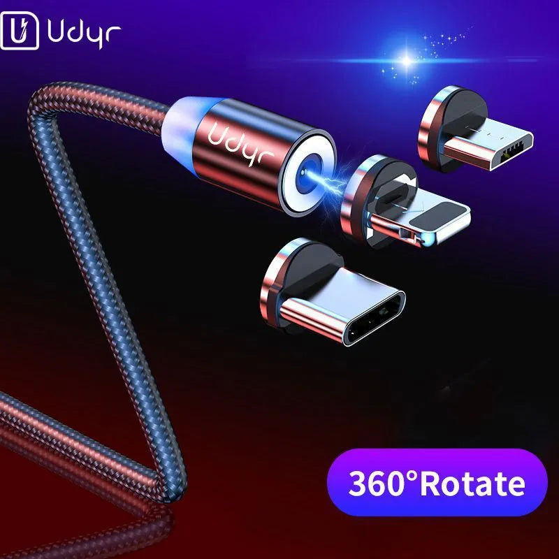 Black magnetic data cable with branching connector showing detachable iPhone, Micro USB, and Type-C magnetic heads.