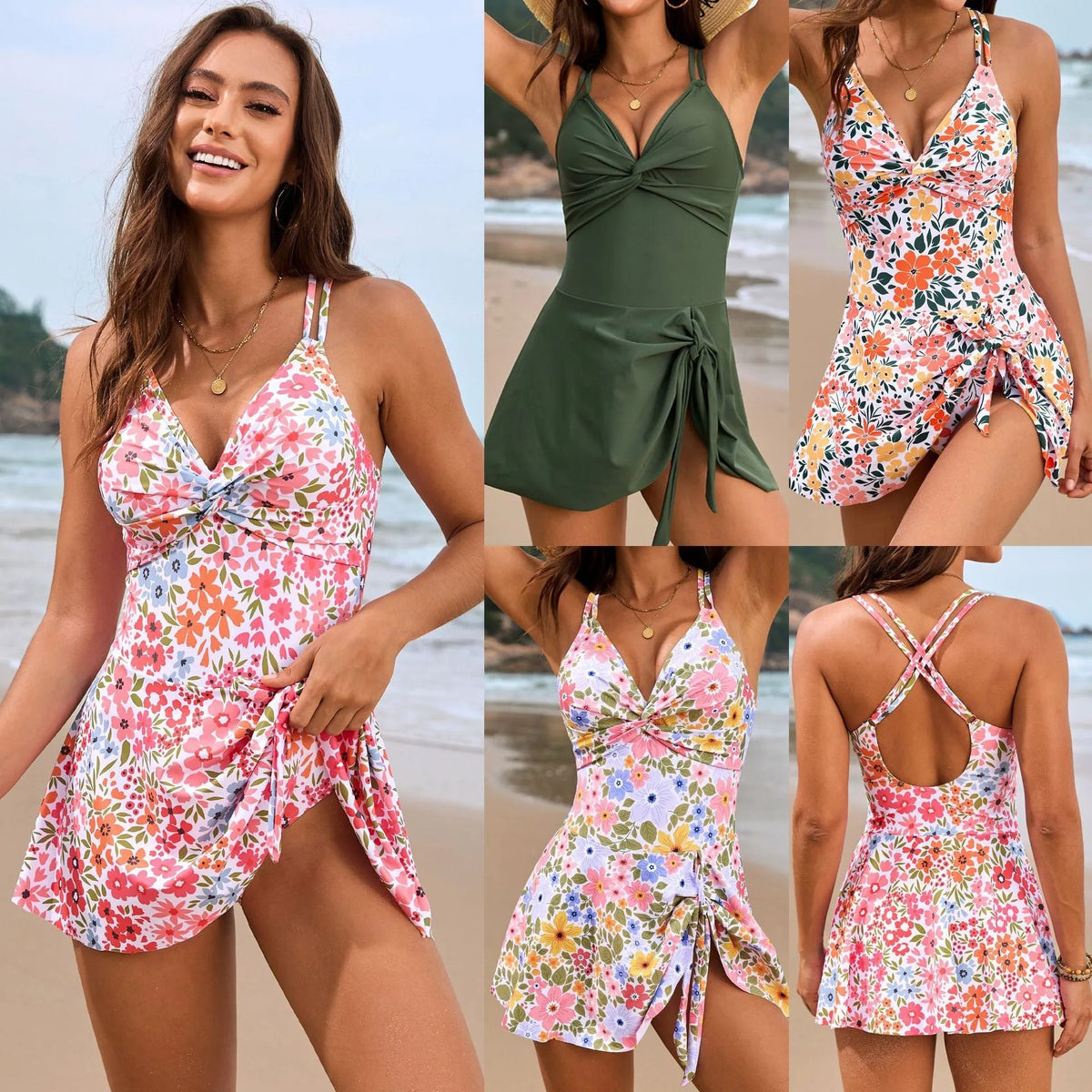 Twist front cross skirt one-piece swimsuit in printed pattern, sleeveless with quick-drying polyester spandex fabric.