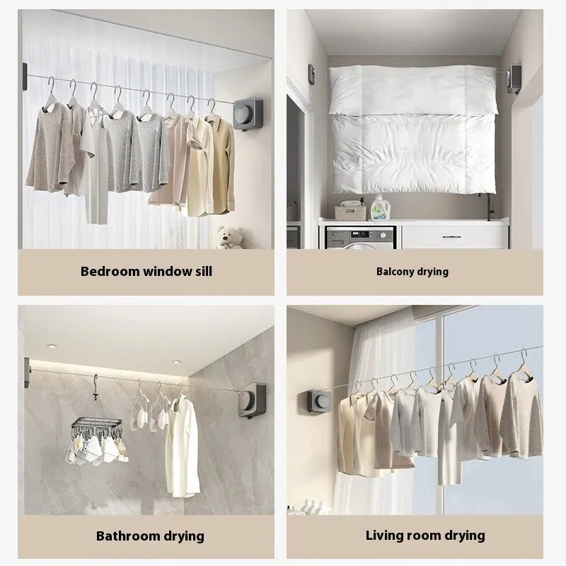 Gun grey retractable wall mounted clothesline extended to 4.8m with clothes hanging, ABS stainless steel construction