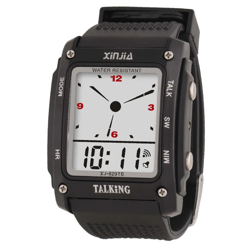 Black electronic talking watch with one-click voice time announcement, 15mm thick, for elderly users