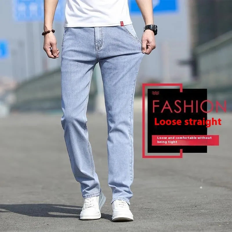 Men's straight-leg jeans in smoky grey colour with low waist design and zipper fly closure