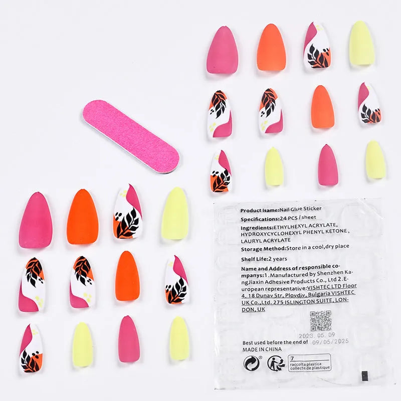 Wear Armour medium almond shaped frosted nail stickers showing four designs: French leaves, leopard print, macarons, and colour plating.