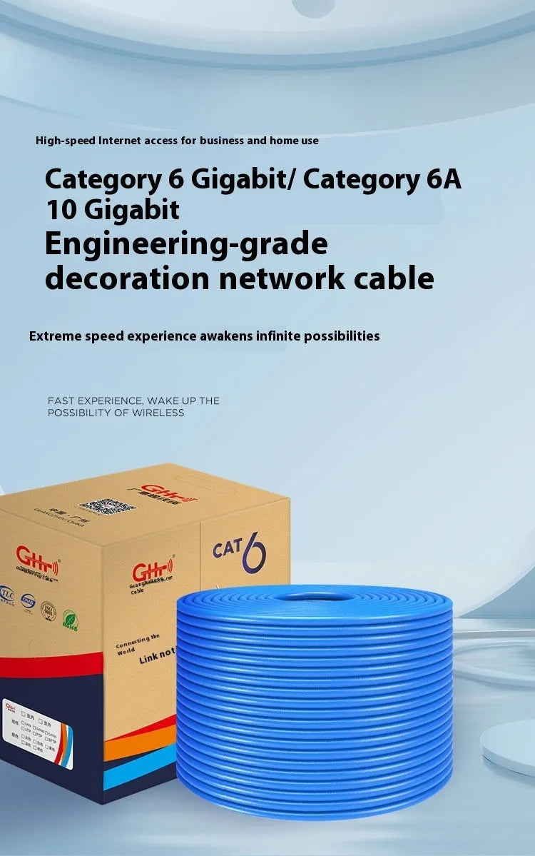 A large reel of blue or grey Cat 6A gigabit ethernet cable with oxygen-free copper conductors, showing 305m length.
