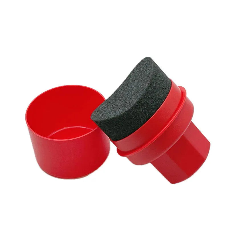 Car tyre polishing sponge brush with lid showing sponge options in black and red colours