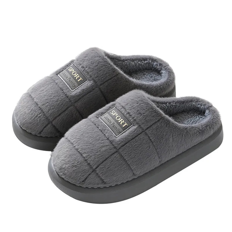 Men's plaid pattern winter slippers with thick EVA sole and artificial wool lining in grey and brown colours