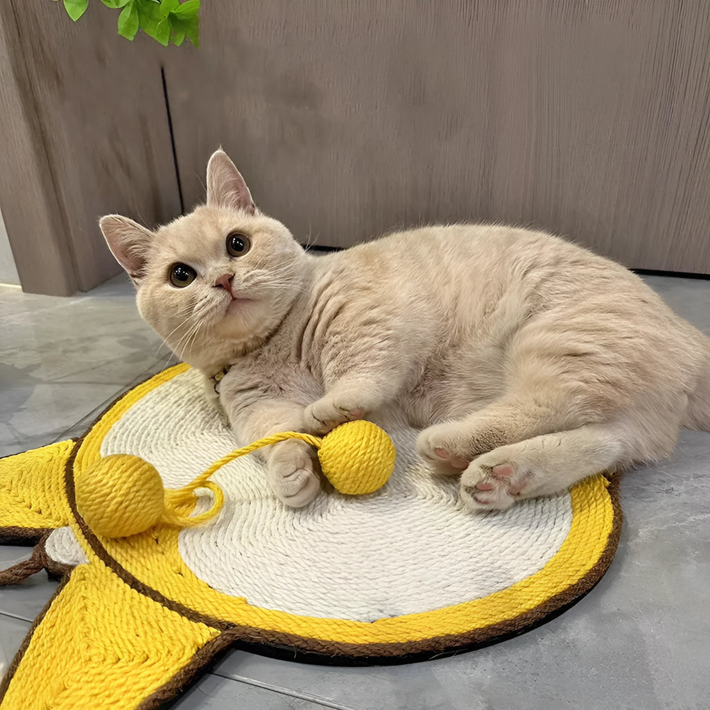 Yellow cat scratching pad with Corgi dog butt design, made from sisal with a grey anti-slip base.