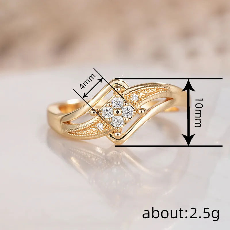 Women's copper diamond ring with geometric design and micro inlaid zircon stones in yellow gold finish