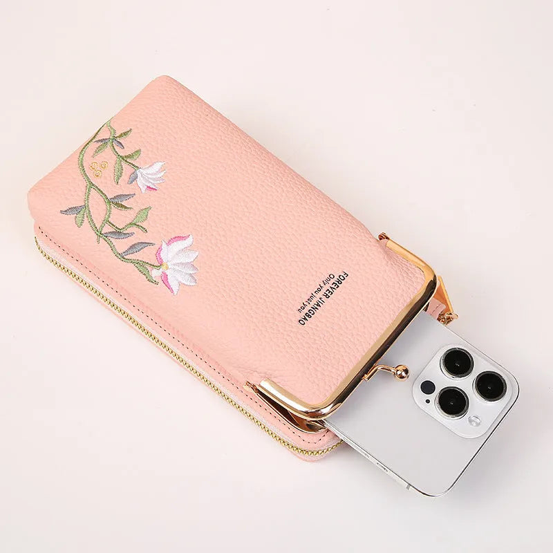 Flower embroidery soft PU phone bag with lock buckle, contrast stitching, five colours, vertical square shape