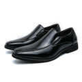 Men's black patent leather pointed toe casual shoes with a flat rubber sole