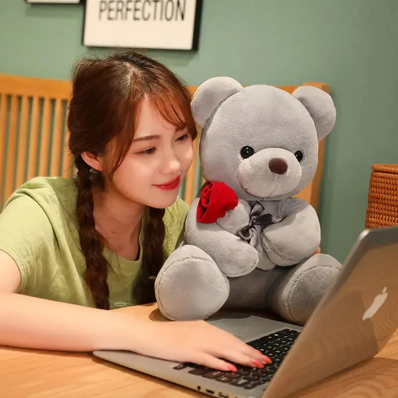 Rose bear plush teddy doll in beige, brown, or grey with PP cotton filling and multiple size options