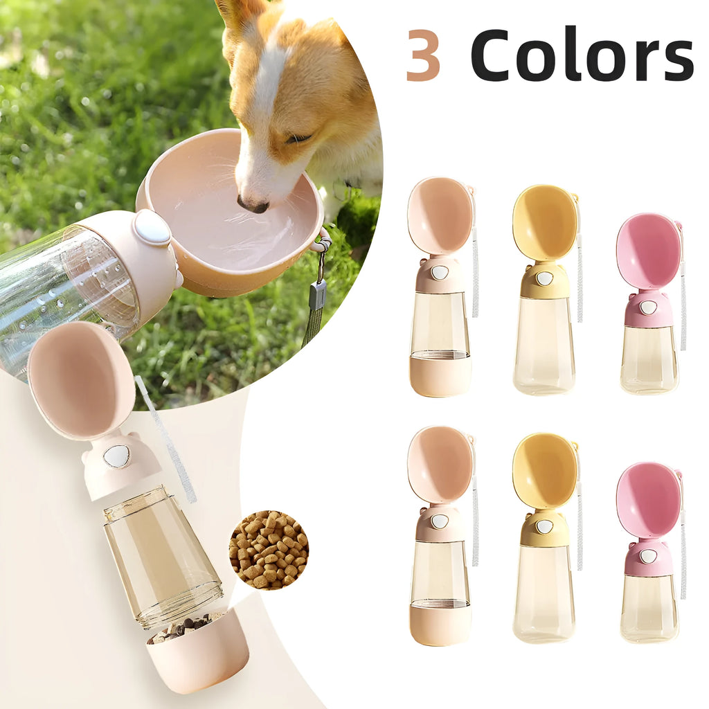 Portable dog water bottle and food container for outdoor pet travel in brown pink yellow colour options